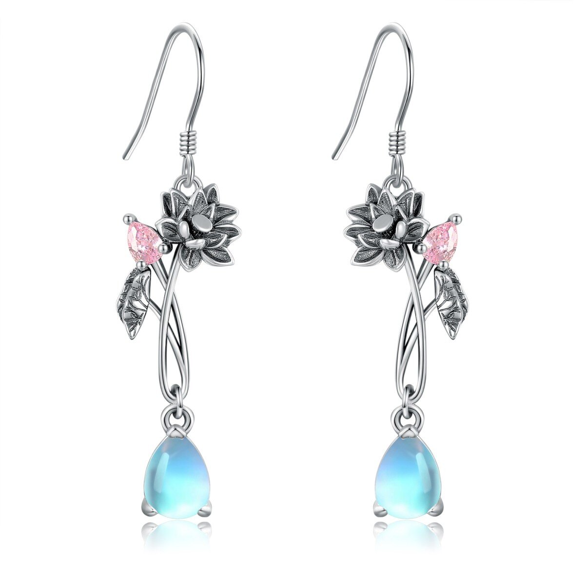 Sterling Silver Pear Shaped Cubic Zirconia & Moonstone Lotus Drop Earrings-1