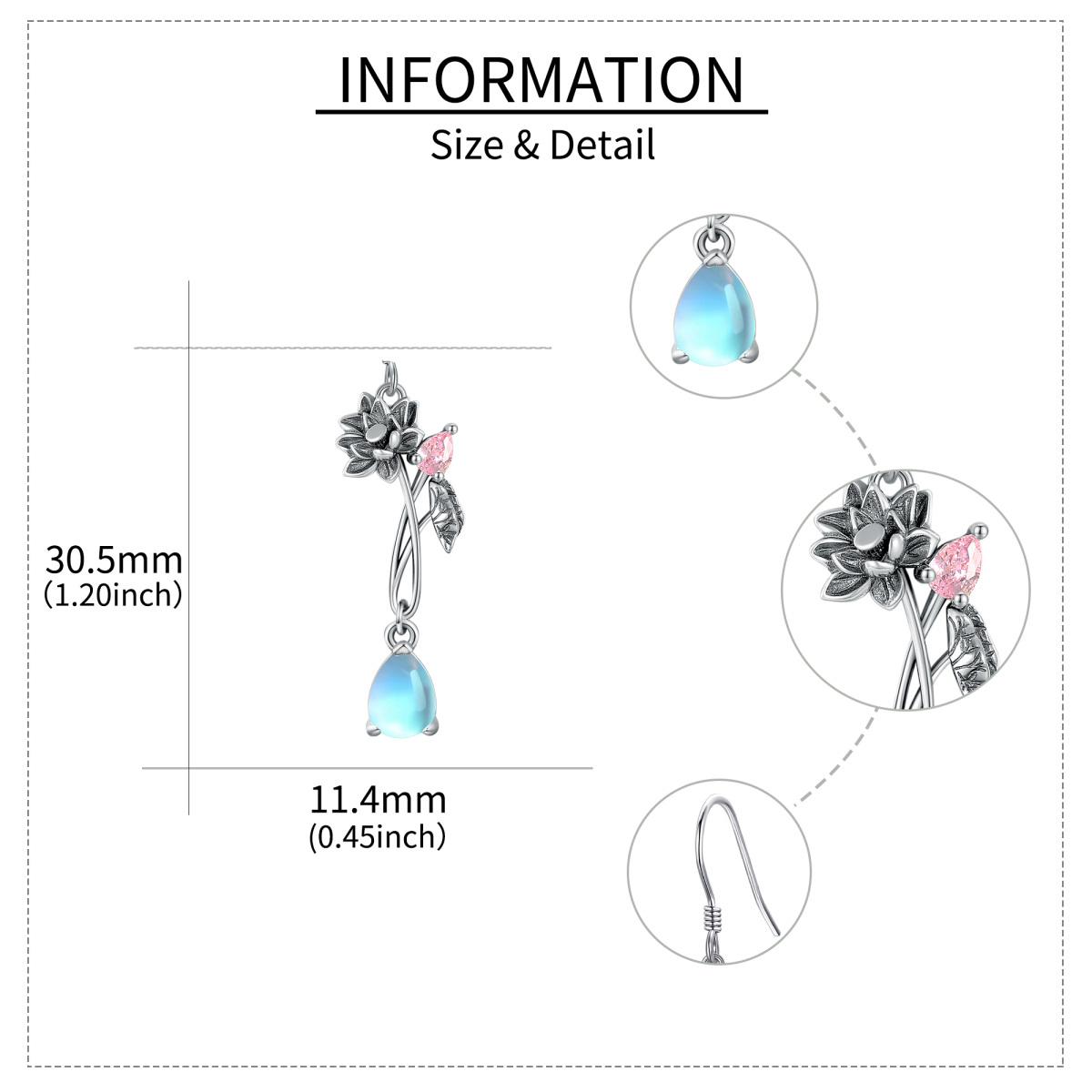 Pendientes de plata de ley con forma de pera, circonita cúbica y loto de piedra de luna-5