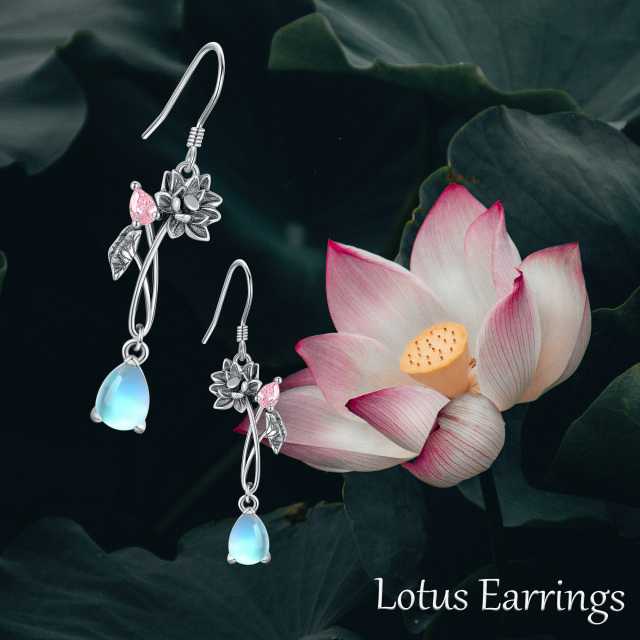 Sterling zilveren peervormige cubic zirkonia & maansteen lotus oorbellen-6