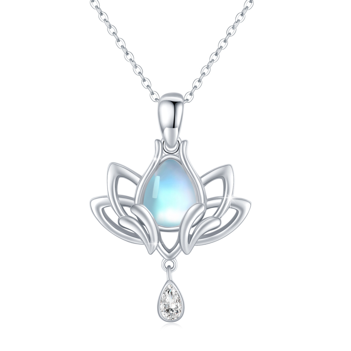 Sterling Silver Pear Moonstone With Cubic Zirconia Lotus Drop Shape Pendant Necklace For Women-1