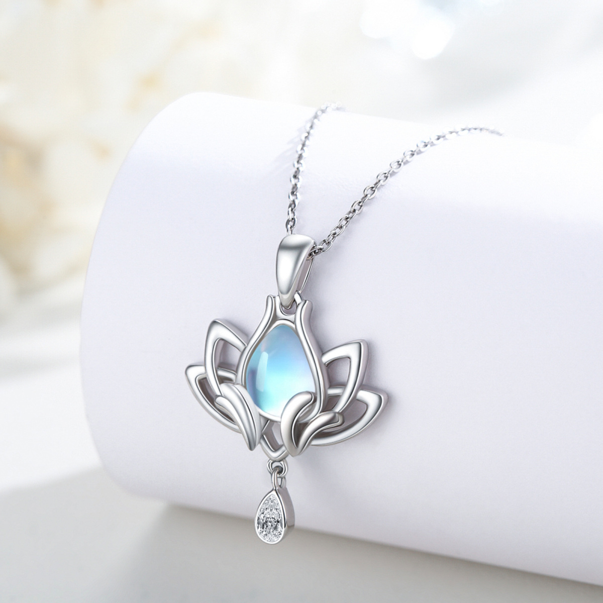 Sterling Silver Pear Moonstone With Cubic Zirconia Lotus Drop Shape Pendant Necklace For Women-3