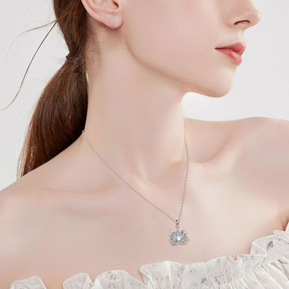 Sterling Silver Pear Shaped Moonstone Lotus Pendant Necklace-2