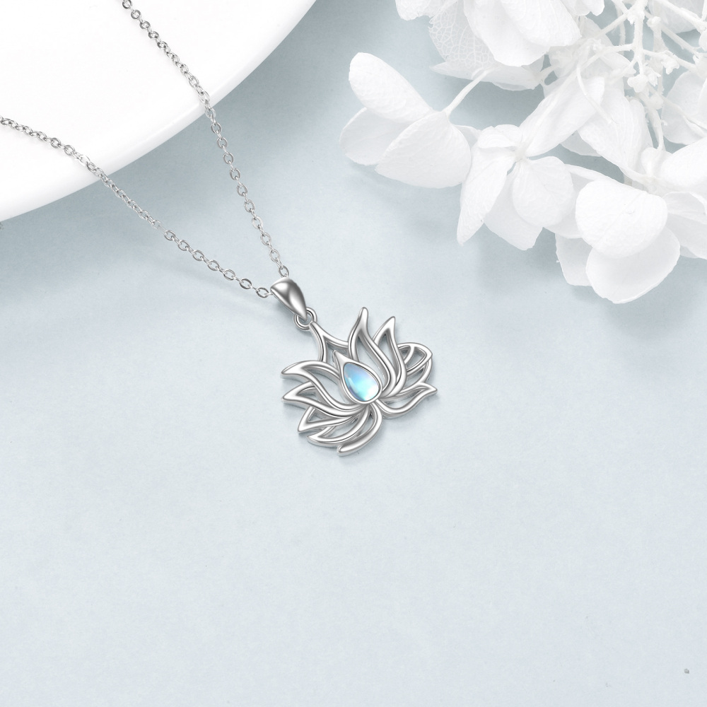Sterling Silver Pear Shaped Moonstone Lotus Pendant Necklace-4