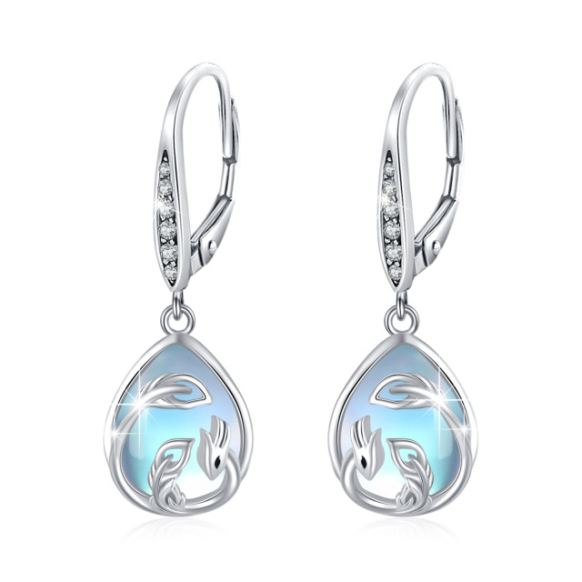 Sterling Silver Pear Shaped Moonstone Phoenix & Drop Shape Lever-back Earrings-3