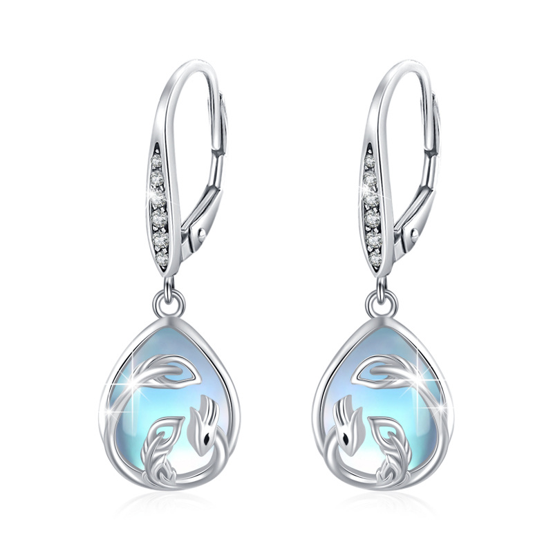 Sterling Silver Pear Shaped Moonstone Phoenix & Drop Shape Lever-back Earrings-7