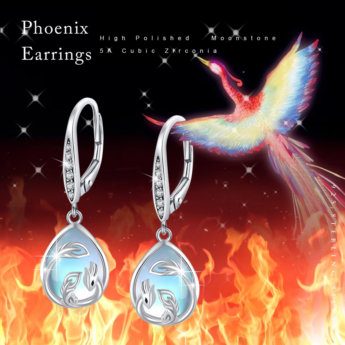 Sterling Silver Pear Shaped Moonstone Phoenix & Drop Shape Lever-back Earrings-3