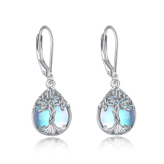 Sterling Silver Pear Shaped Moonstone Tree Of Life Lever-back Earrings-24