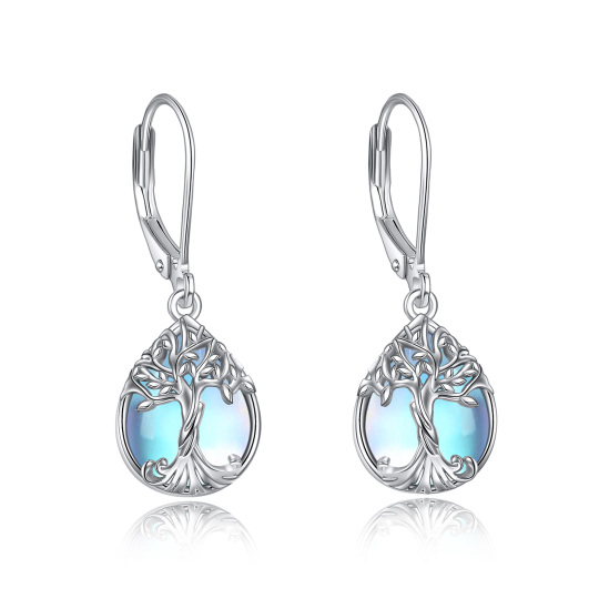 Sterling Silver Pear Shaped Moonstone Tree Of Life Lever-back Earrings