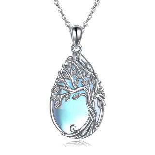 Sterling Silver Pear Shaped Moonstone Tree Of Life Pendant Necklace-30