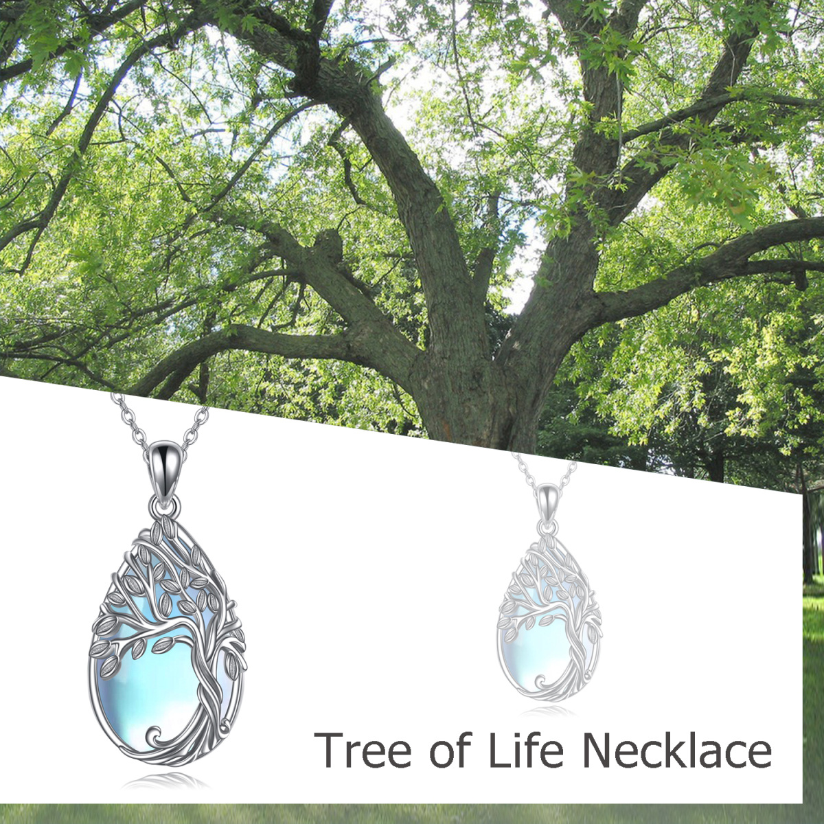 Collier en argent sterling avec pendentif arbre de vie en pierre de lune en forme de poire-3