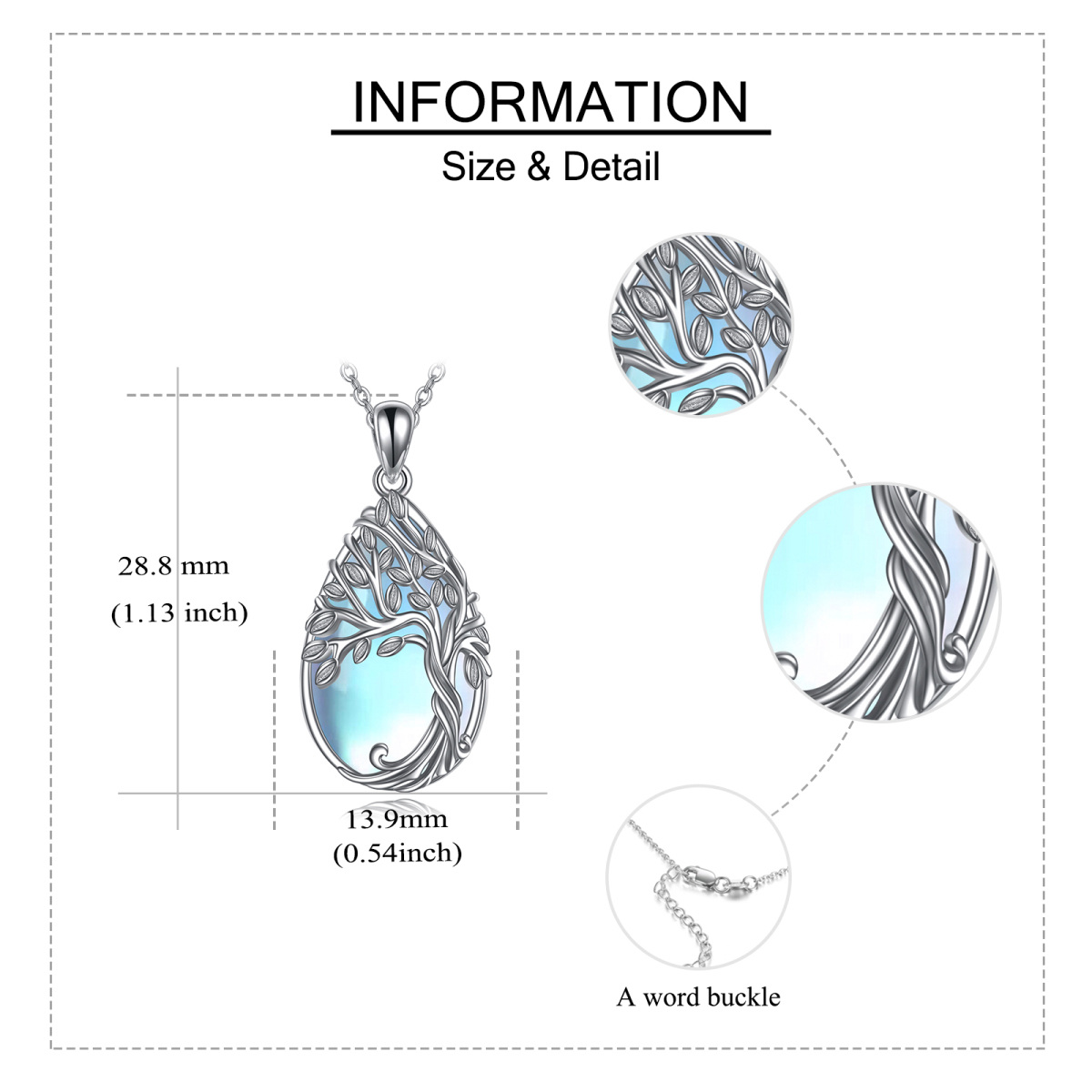 Sterling Silber Birne geformt Mondstein Baum des Lebens Anhänger Halskette-6