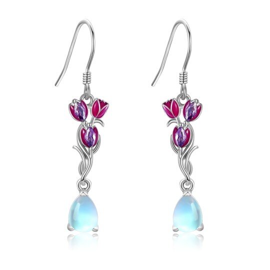 Boucles d'oreilles tulipe en argent sterling avec pierre de lune en forme de poire