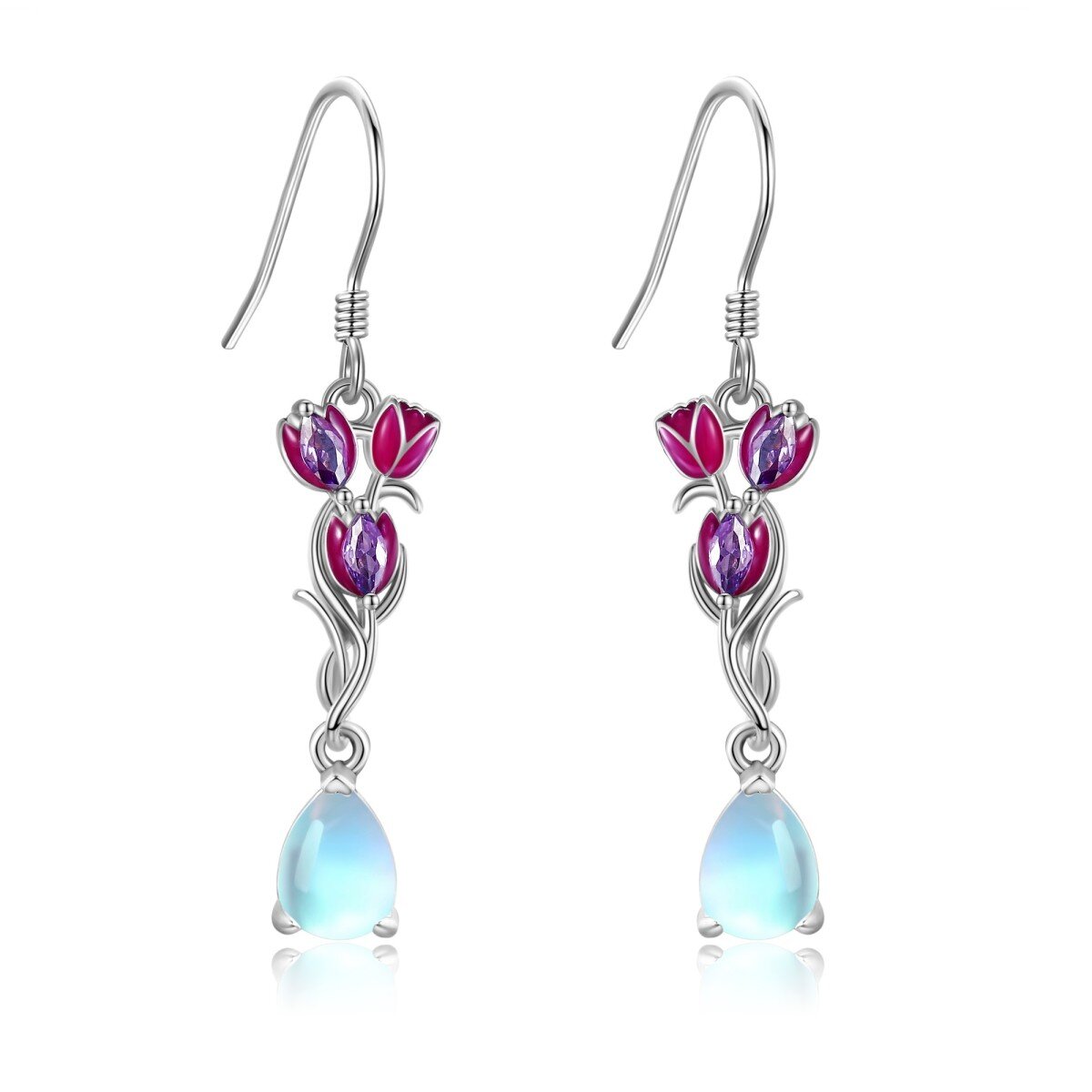 Boucles d'oreilles tulipe en argent sterling avec pierre de lune en forme de poire-1