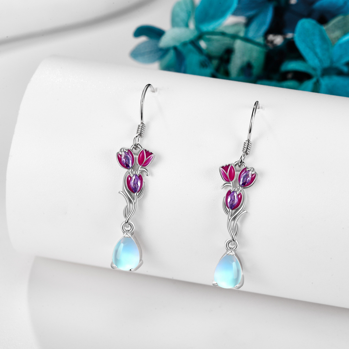 Boucles d'oreilles tulipe en argent sterling avec pierre de lune en forme de poire-3