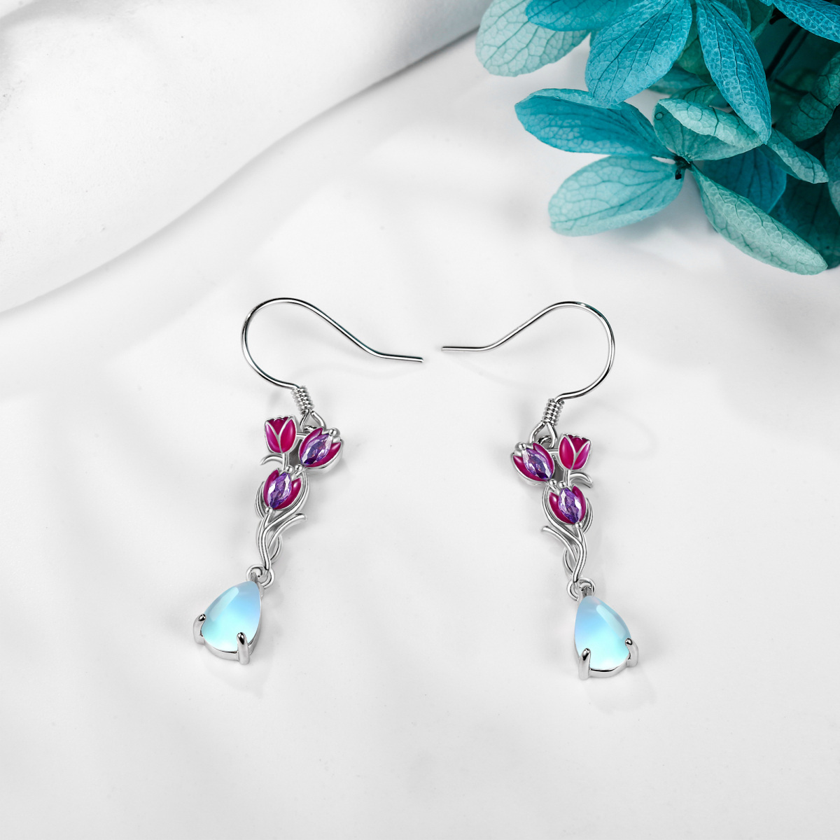 Boucles d'oreilles tulipe en argent sterling avec pierre de lune en forme de poire-4