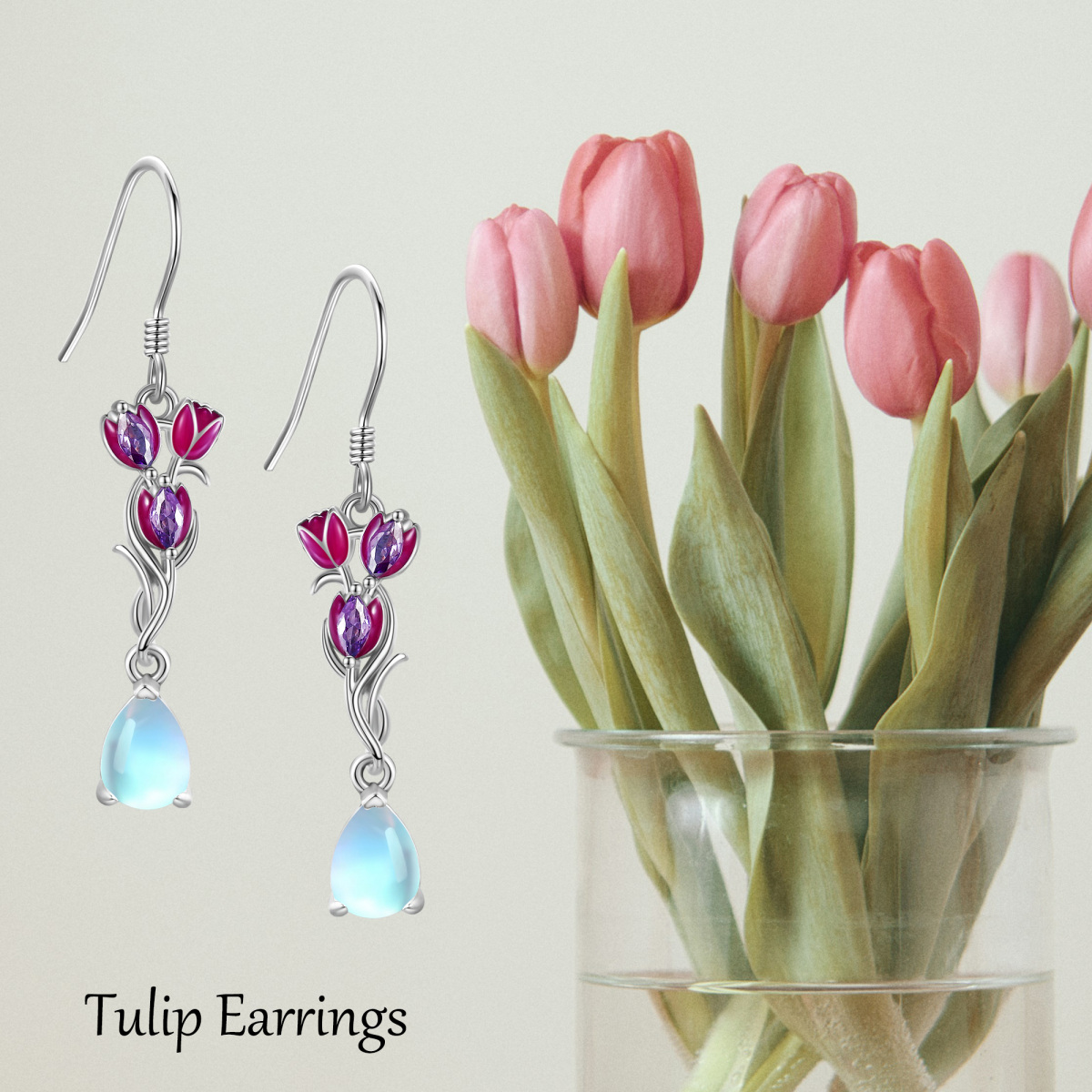 Boucles d'oreilles tulipe en argent sterling avec pierre de lune en forme de poire-5