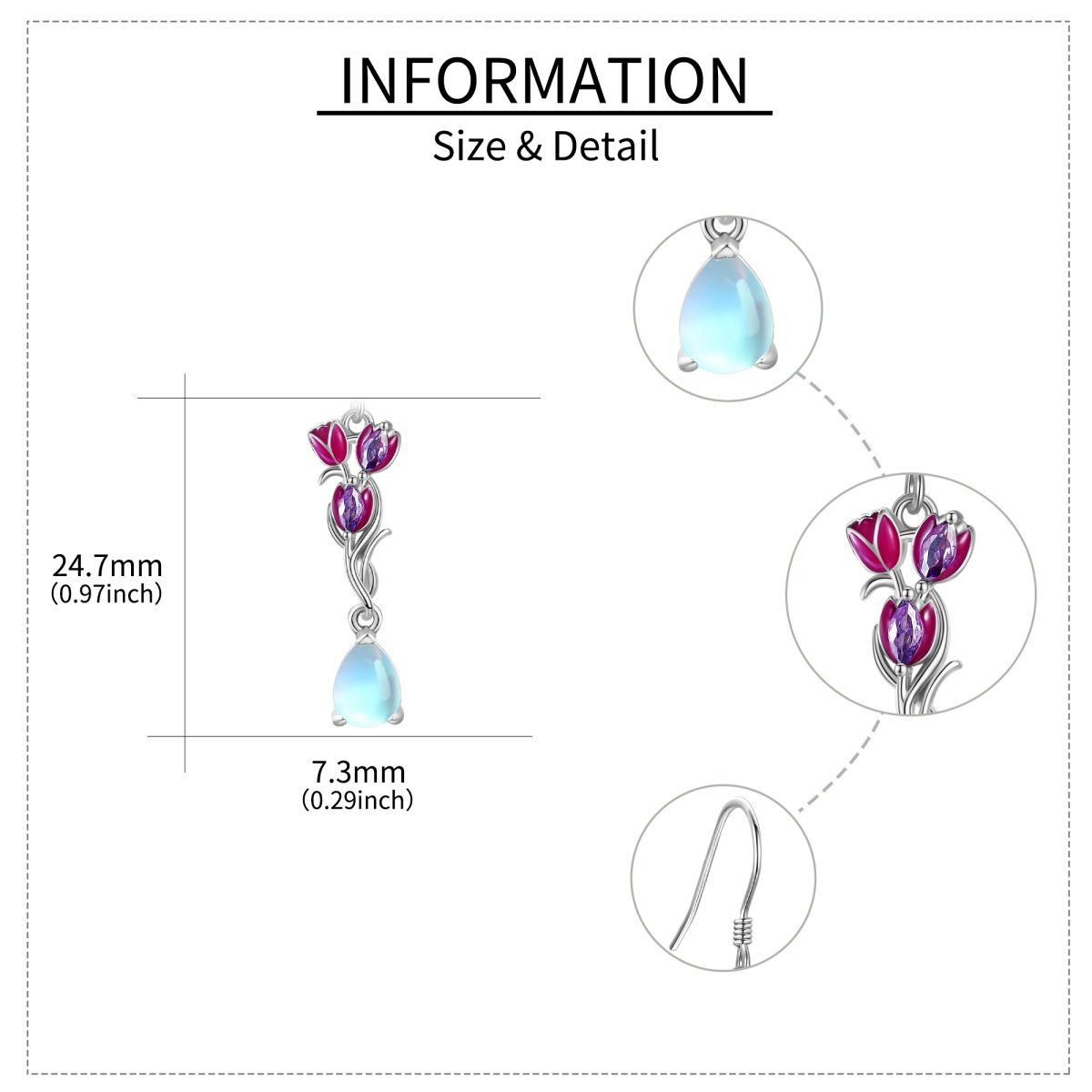 Boucles d'oreilles tulipe en argent sterling avec pierre de lune en forme de poire-6