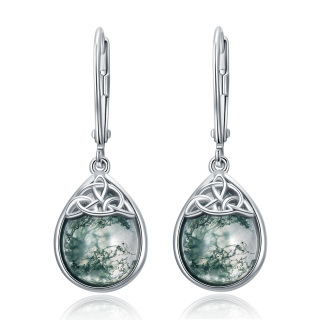 Sterling Silver Pear Shaped Moss Agate Celtic Knot & Drop Shape Lever-back Earrings-28