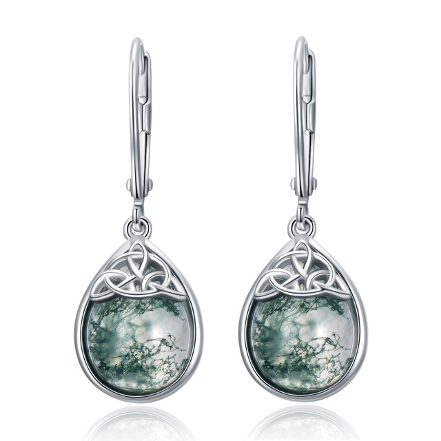 Sterling Silver Pear Shaped Moss Agate Celtic Knot & Drop Shape Lever-back Earrings