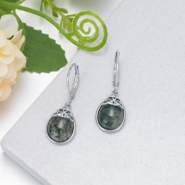 Sterling Silver Pear Shaped Moss Agate Celtic Knot & Drop Shape Lever-back Earrings-3