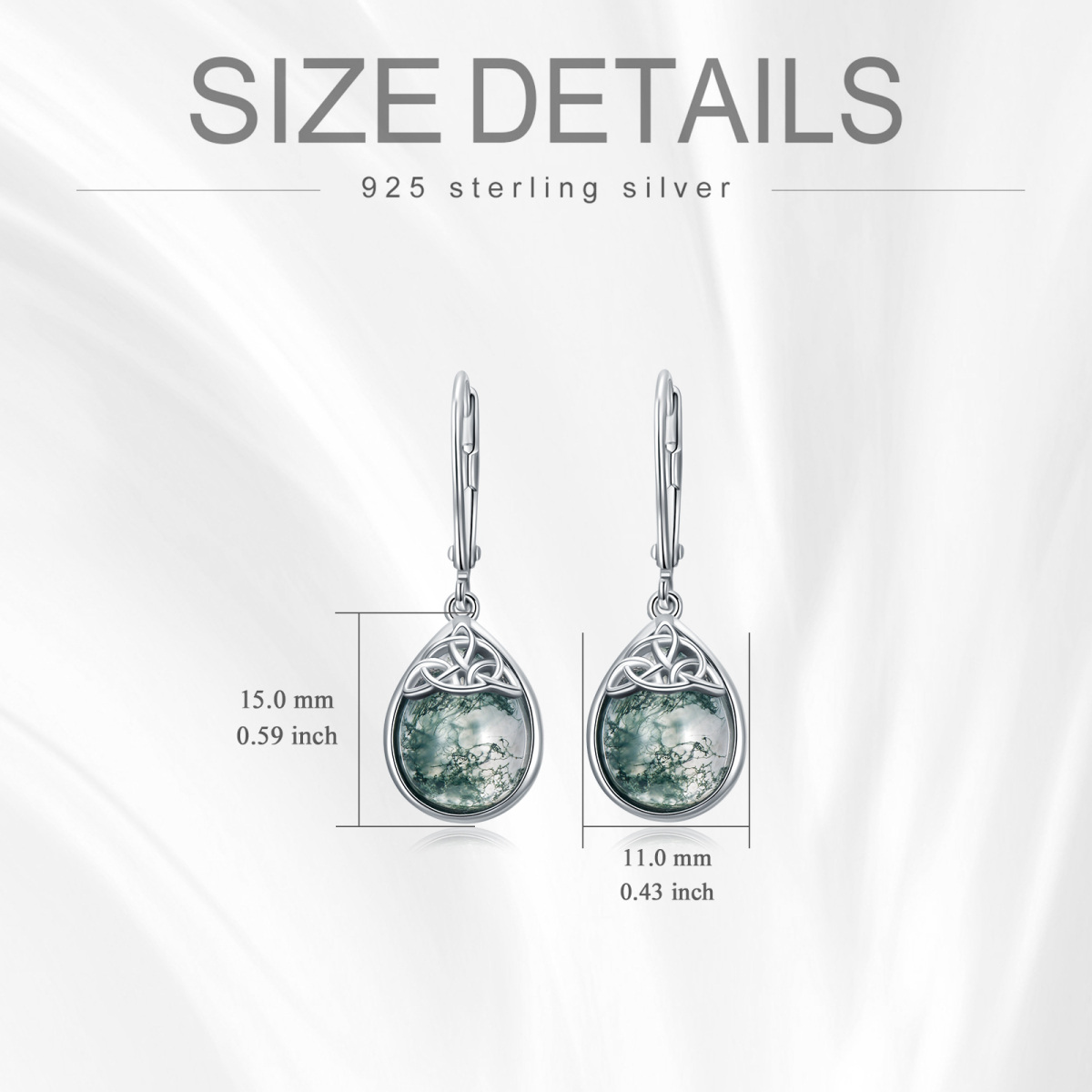 Sterling Silber Birne geformt Moos Achat keltischen Knoten & Drop Form Hebel-back Ohrringe-5