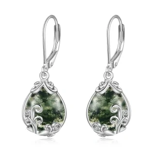 Sterling Silver Pear Shaped Moss Agate Drop Shape Lever-back Earrings-8