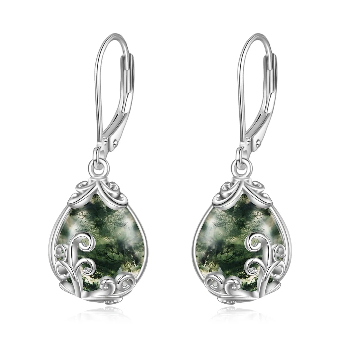 Sterling Silver Pear Shaped Moss Agate Drop Shape Lever-back Earrings