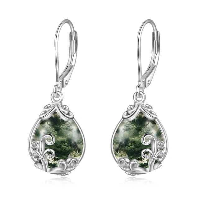 Sterling Silver Pear Shaped Moss Agate Drop Shape Lever-back Earrings-1