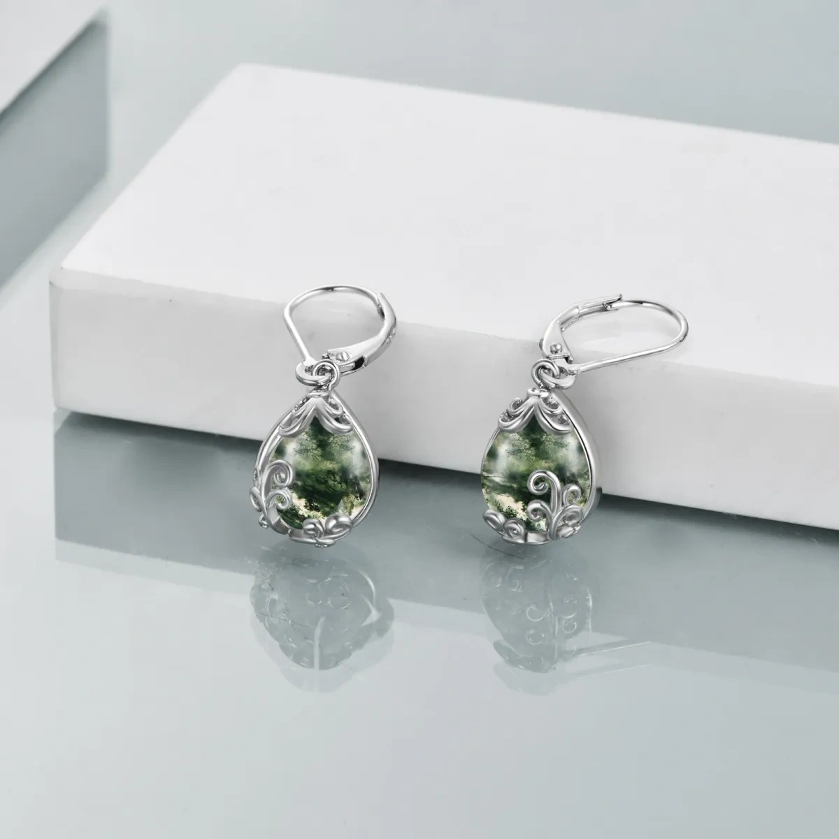 Sterling Silver Pear Shaped Moss Agate Drop Shape Lever-back Earrings-3