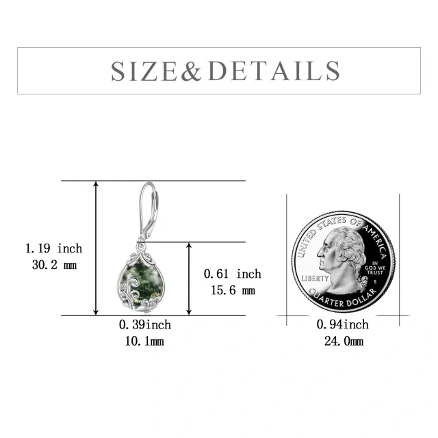 Sterling Silver Pear Shaped Moss Agate Drop Shape Lever-back Earrings-5