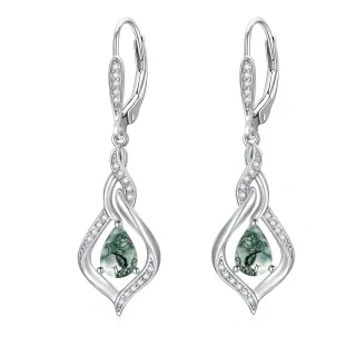 Sterling Silver Pear Shaped Moss Agate Drop Shape Lever-back Earrings-19