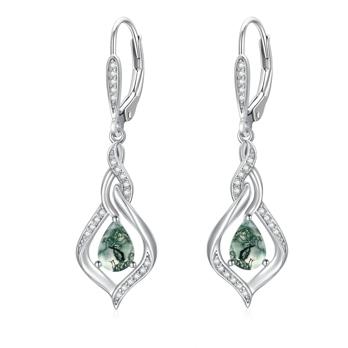 Sterling Silver Pear Shaped Moss Agate Drop Shape Lever-back Earrings