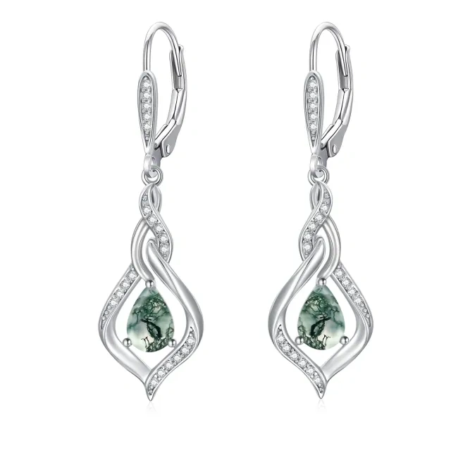 Sterling Silver Pear Shaped Moss Agate Drop Shape Lever-back Earrings-1