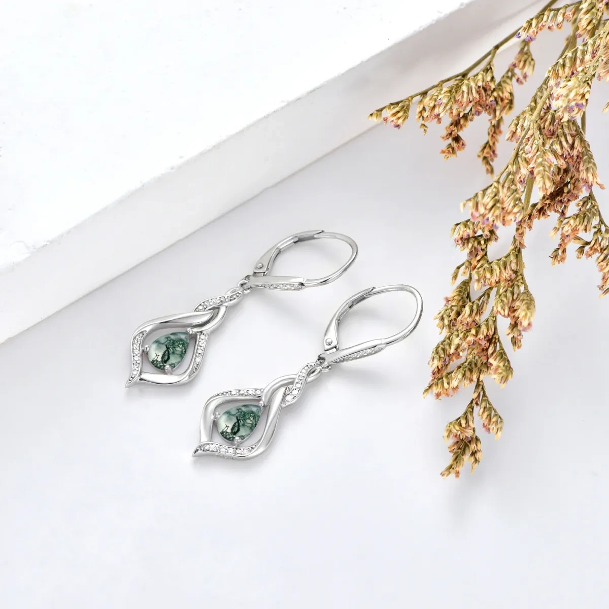 Sterling Silver Pear Shaped Moss Agate Drop Shape Lever-back Earrings-3