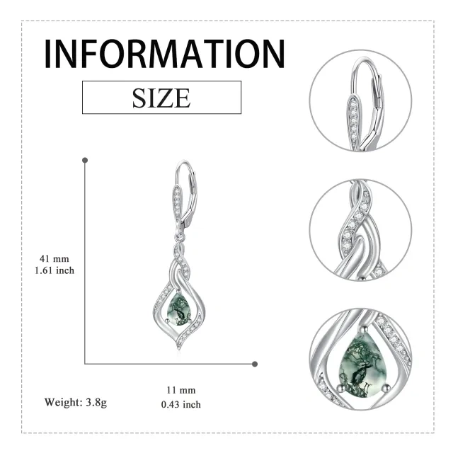 Sterling Silver Pear Shaped Moss Agate Drop Shape Lever-back Earrings-5