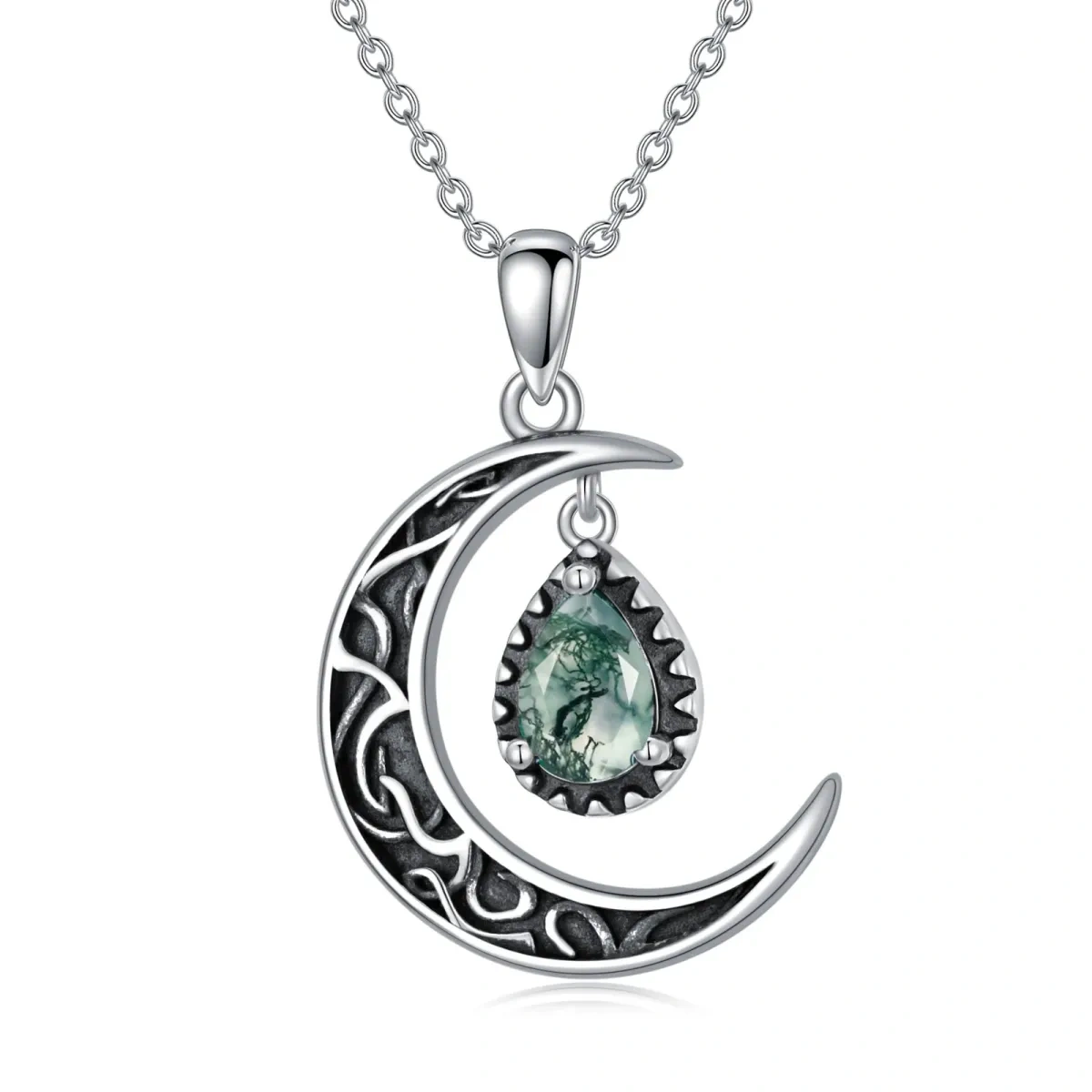 Collier en argent sterling avec pendentif en forme de poire en agate mousse et lune-1