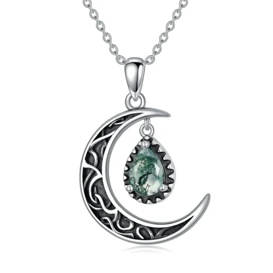 Sterling Silver Pear Shaped Moss Agate Drop Shape & Moon Pendant Necklace