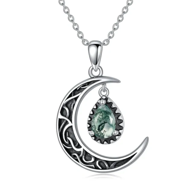 Sterling Silver Pear Shaped Moss Agate Drop Shape & Moon Pendant Necklace-1