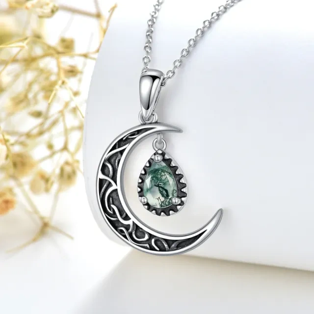 Sterling Silver Pear Shaped Moss Agate Drop Shape & Moon Pendant Necklace-3