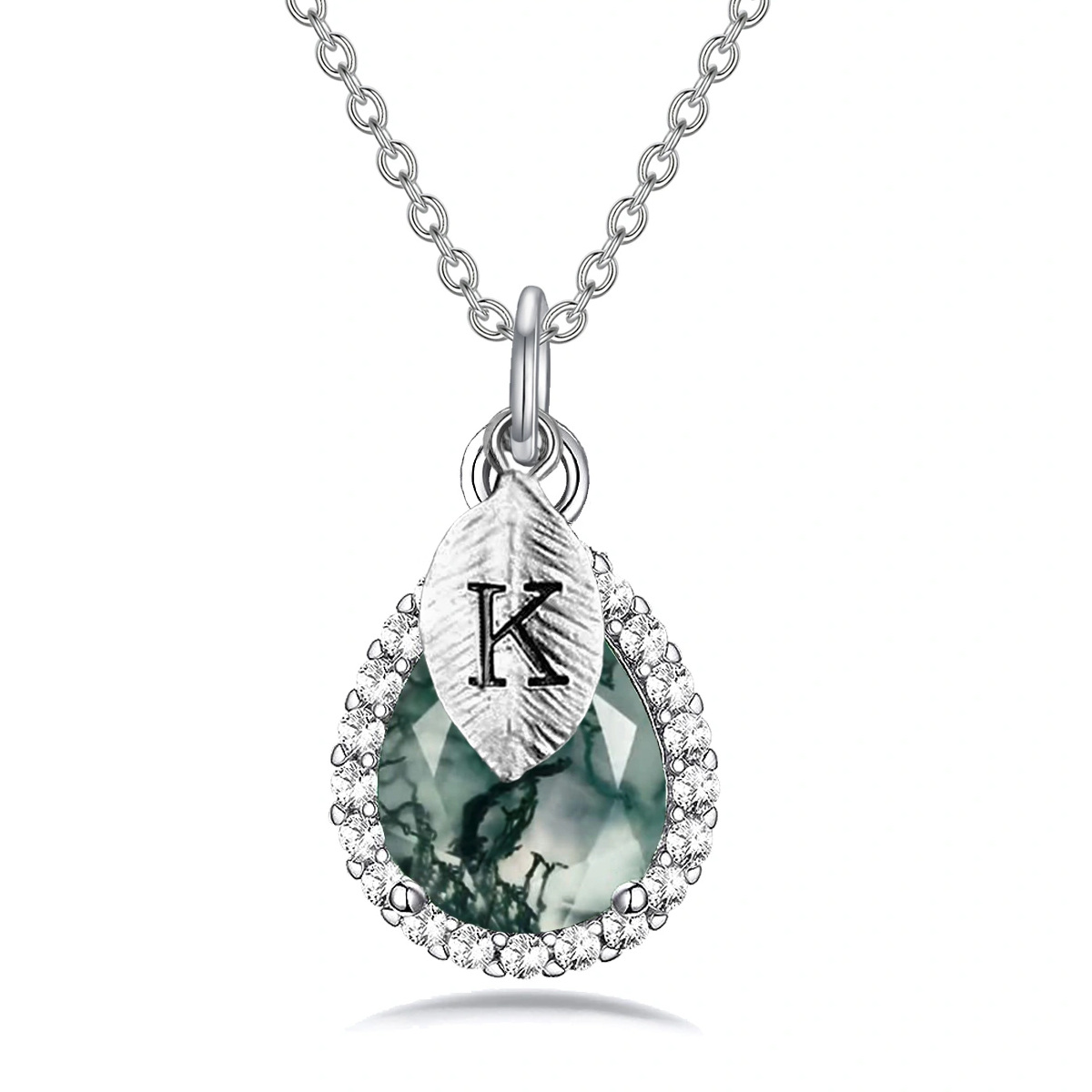 Sterling Silver Pear Shaped Moss Agate Drop Shape Pendant Necklace with Initial Letter K-1