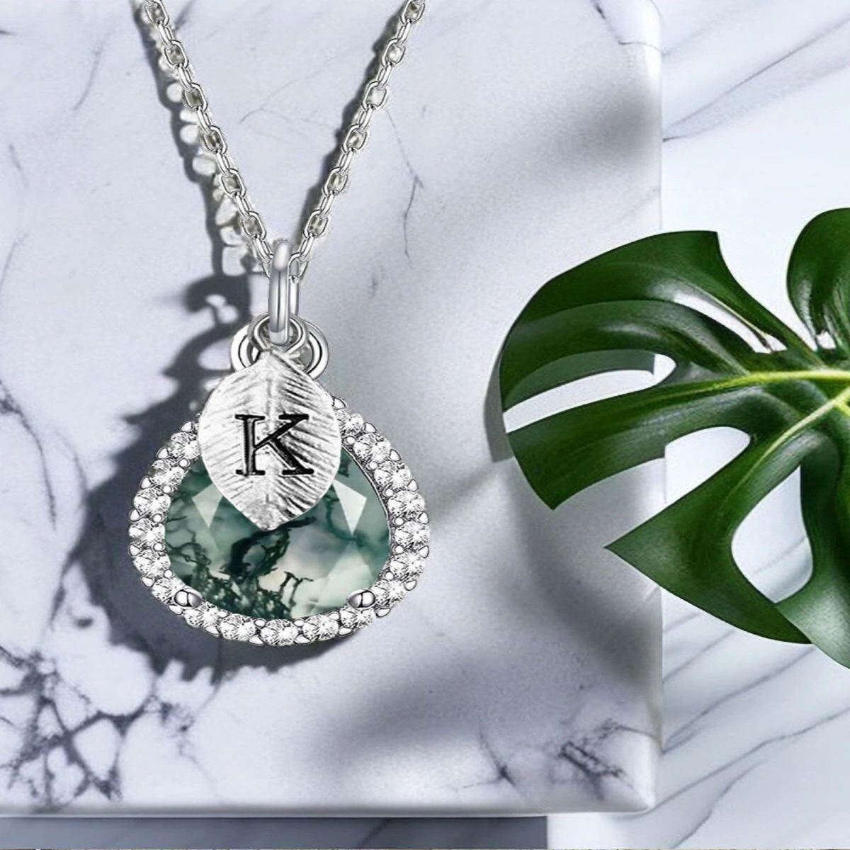 Sterling Silver Pear Shaped Moss Agate Drop Shape Pendant Necklace with Initial Letter K-4