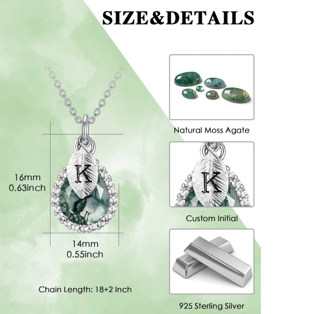 Sterling Silver Pear Shaped Moss Agate Drop Shape Pendant Necklace with Initial Letter K-5