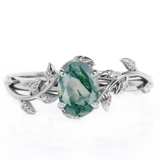 Sterling Silver Pear Shaped Moss Agate Ivy Engagement Ring-22