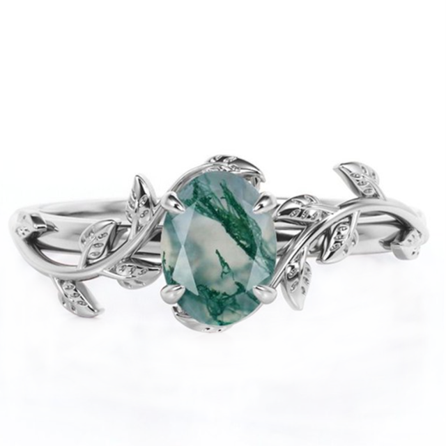 Sterling Silver Pear Shaped Moss Agate Ivy Engagement Ring-5