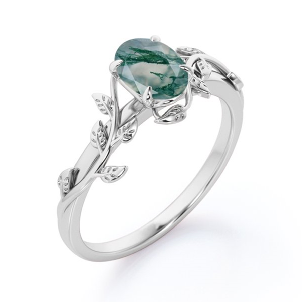 Sterling Silver Pear Shaped Moss Agate Ivy Engagement Ring-5