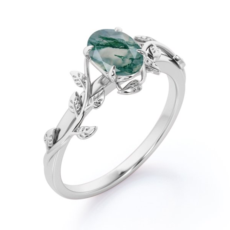 Sterling Silver Pear Shaped Moss Agate Ivy Engagement Ring-5