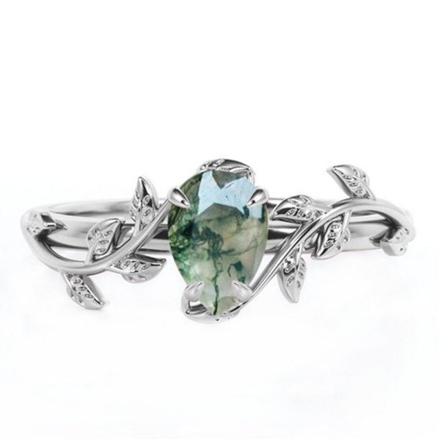 Sterling Silver Pear Shaped Moss Agate Ivy Engagement Ring-1