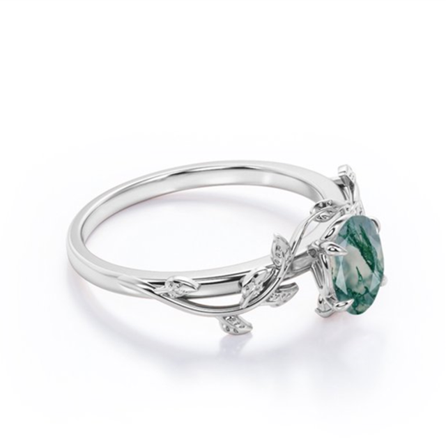 Sterling Silver Pear Shaped Moss Agate Ivy Engagement Ring-4