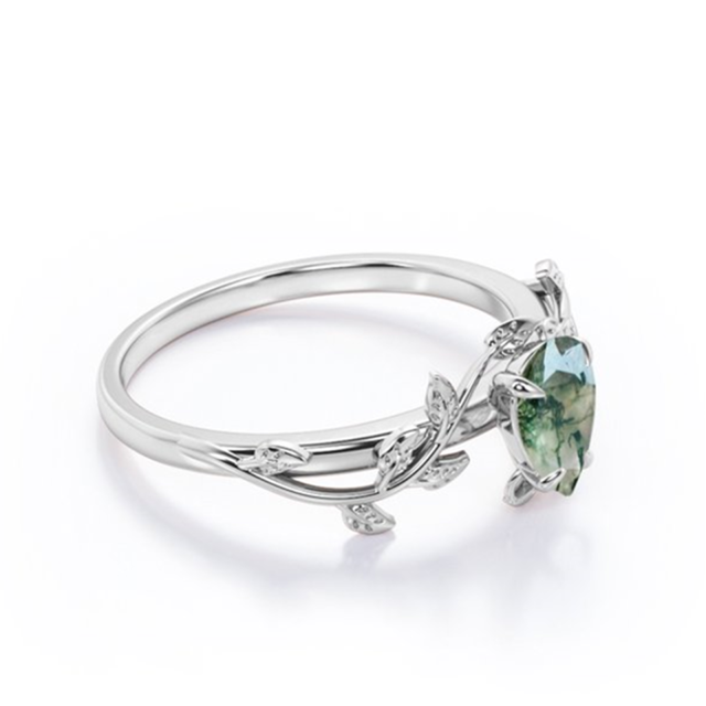 Sterling Silver Pear Shaped Moss Agate Ivy Engagement Ring-5