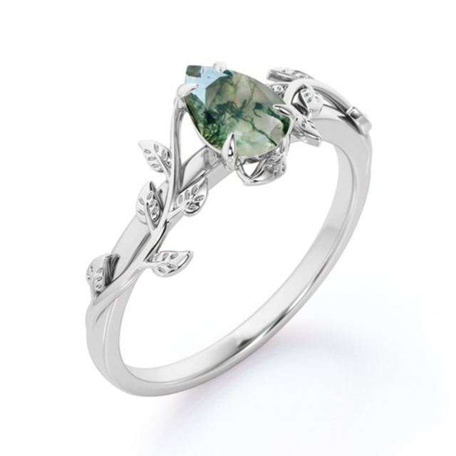 Sterling Silver Pear Shaped Moss Agate Ivy Engagement Ring-6